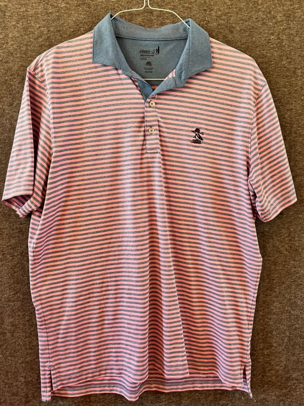 johnnie o golf shirt mens L pink blue stripes button down collar short sleeve UP